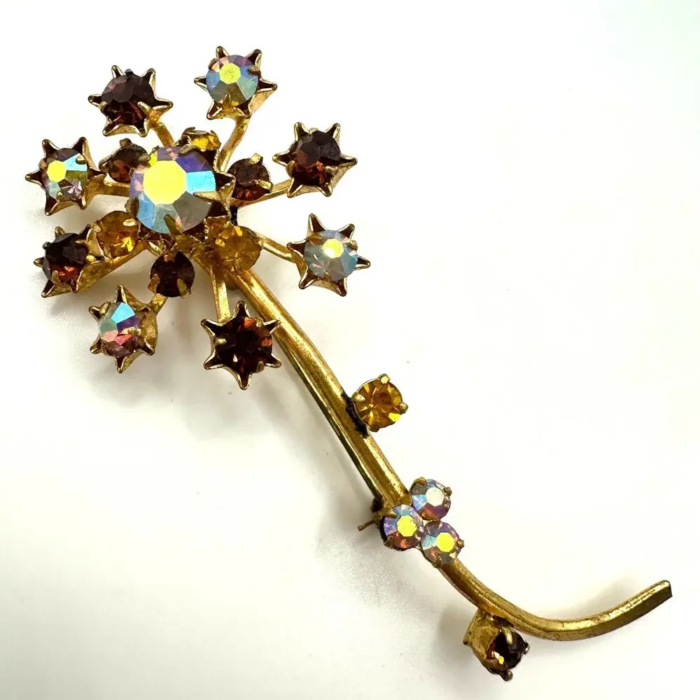 Austria vintage gold tone amber brown topaz glass AB rhinestones flower brooch